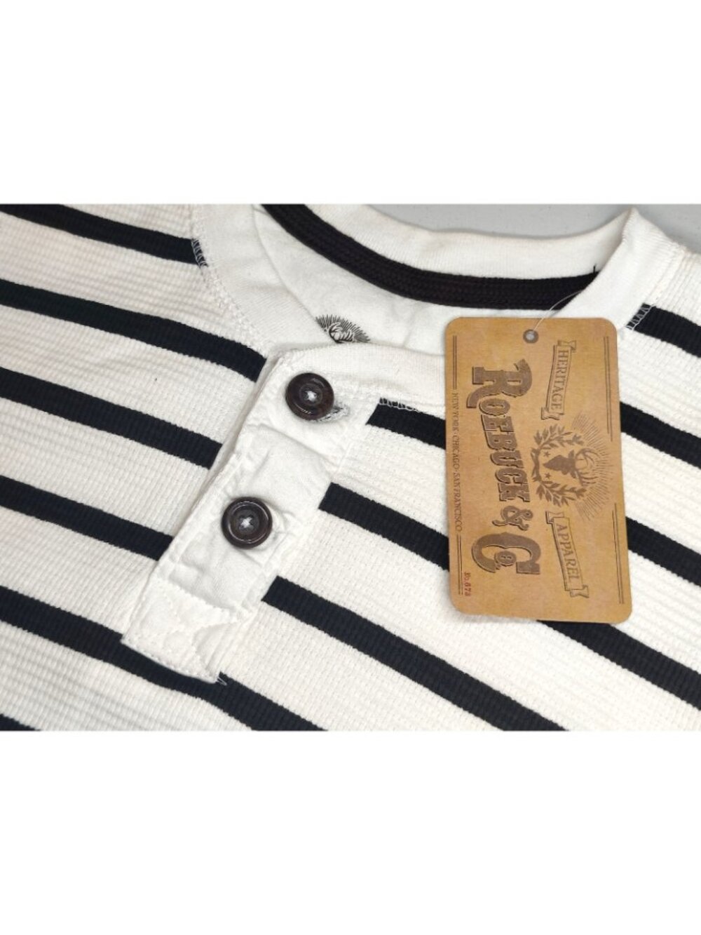 Roebuck Co Shirt Young Mens L Waffle Thermal Henley White Black Striped NWT